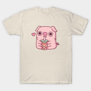 Cute Chubby Piggy Loves Drinking Bubble Tea T-Shirt